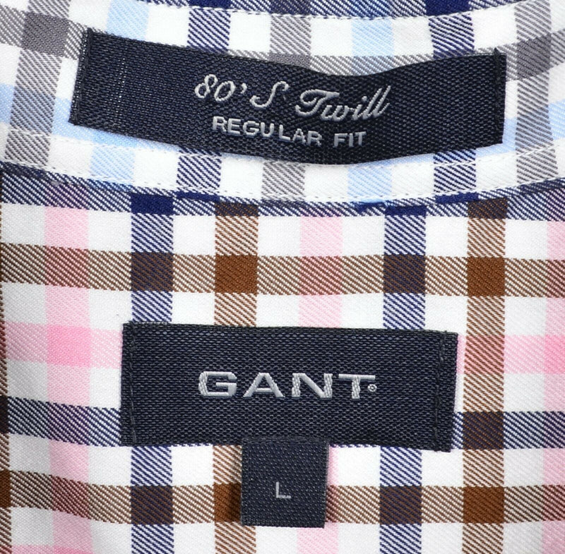 GANT Men's Large Regular Fit "80's Twill" Pink Blue Check Button-Down Shirt