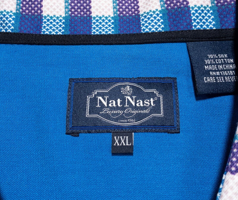 Nat Nast Silk Shirt XXL Men's Blue Purple Check Bowling Retro Hawaiian 2XL