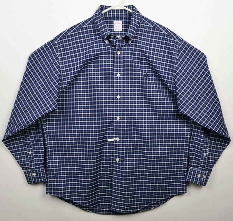 Brooks Brothers Men's Large Navy Blue Check Non-Iron Logo Button-Down Shirt