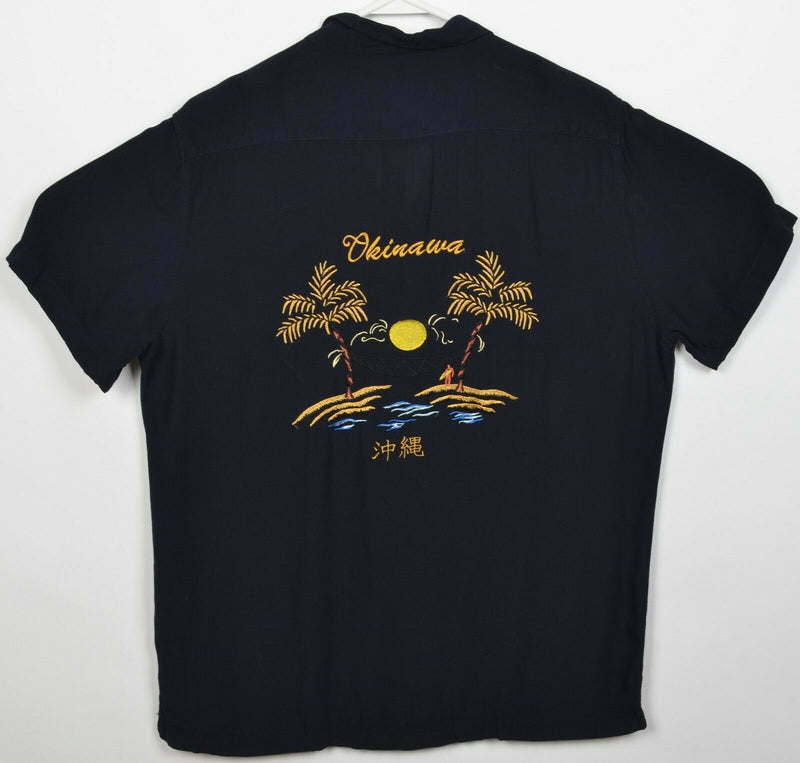 Zara Men's XL Okinawa Beach Navy Blue Viscose Embroidered Hawaiian Camp Shirt