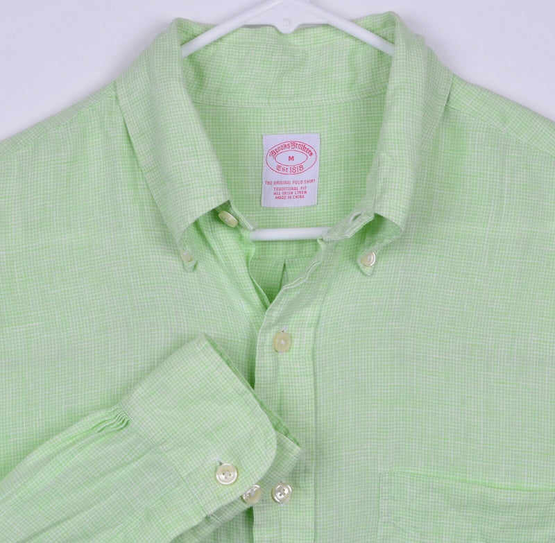 Brooks Brothers Men's Sz Medium Irish Linen Green Plaid Long Sleeve Shirt