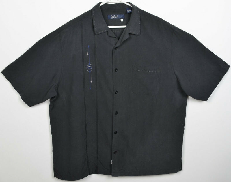 Nat Nast Men's XL 100% Silk Black Embroidered Hawaiian Bowling Retro Shirt