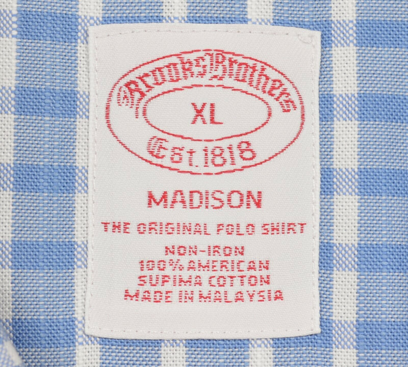 Brooks Brothers Men XL Non-Iron Blue Plaid Logo Madison Button-Down Dress Shirt