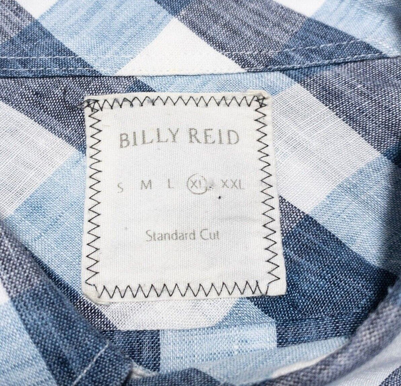 Billy Reid Linen Shirt XL Standard Cut Men's Italy Blue Check Long Sleeve Button