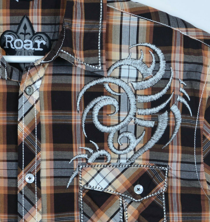 Roar Men's Medium Tribal Orange Plaid Embroidered Button-Front Attribute Shirt