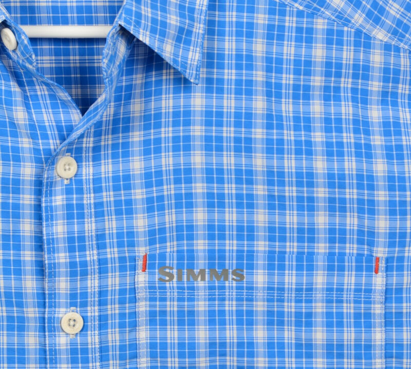 SIMMS Men's Sz Medium Fishing Blue Plaid Nylon Polyester Short Sleeve Shirt