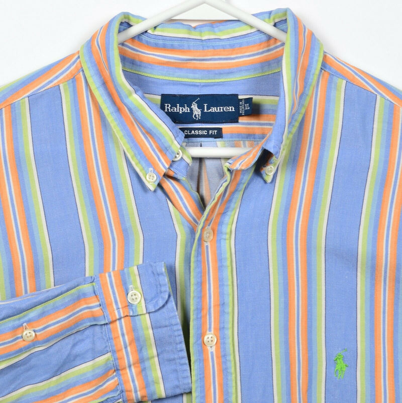 Polo Ralph Lauren Men's XL Classic Fit Linen Blend Blue Orange Striped Shirt