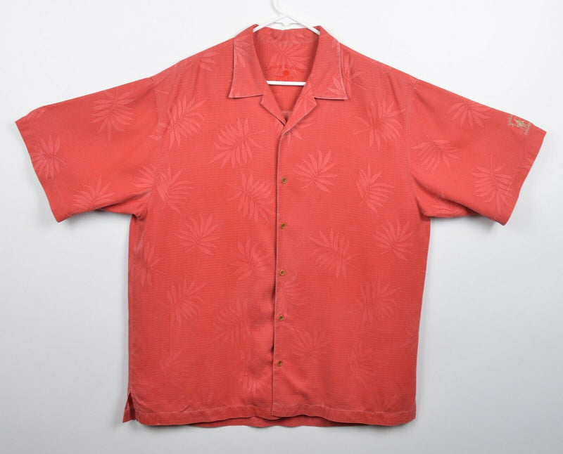 Tommy Bahama Men's Sz Large 100% Silk Textured Salmon Red Golf Hawaiian Shirt