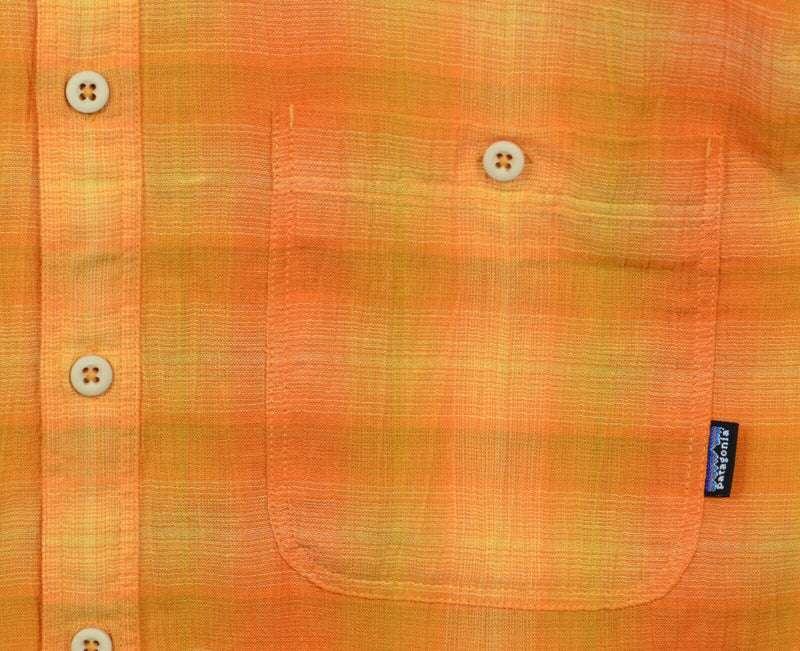 Patagonia Men's Sz Large Orange Plaid Organic Cotton Short Sleeve A/C Shirt