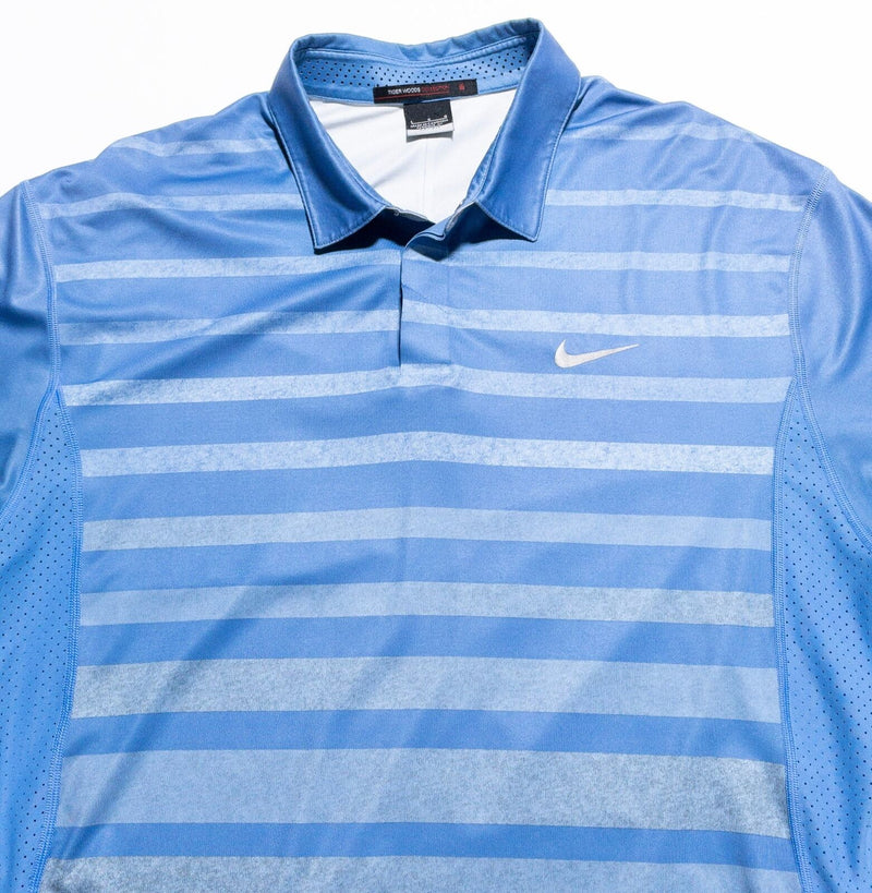 Nike Tiger Woods Golf Shirt Men's Large Blue Striped Snap Vented Wicking