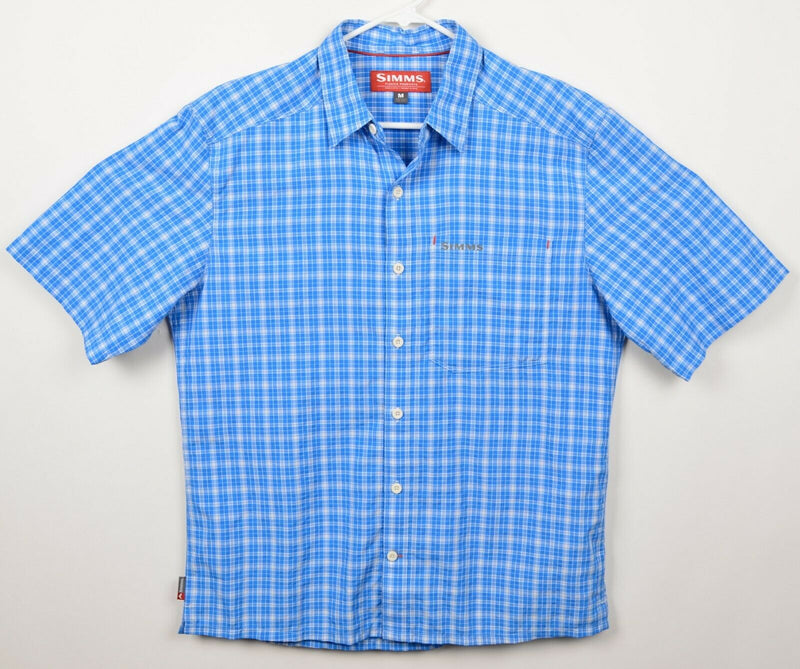 SIMMS Men's Sz Medium Fishing Blue Plaid Nylon Polyester Short Sleeve Shirt