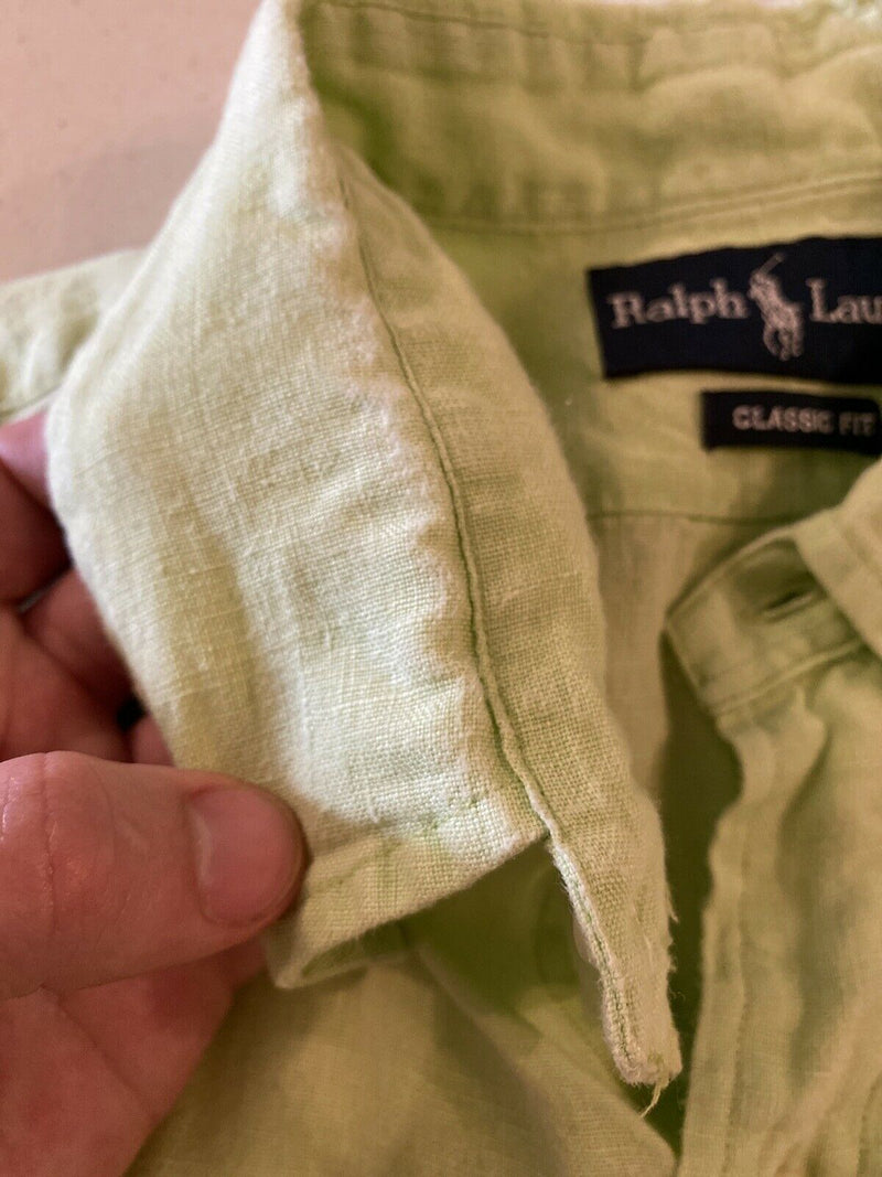 Polo Ralph Lauren Men Large Classic Fit 100% Linen Lime Green Short Sleeve Shirt