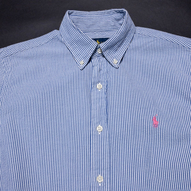 Polo Ralph Lauren Seersucker Shirt Men's Medium Button-Down Blue Striped Preppy