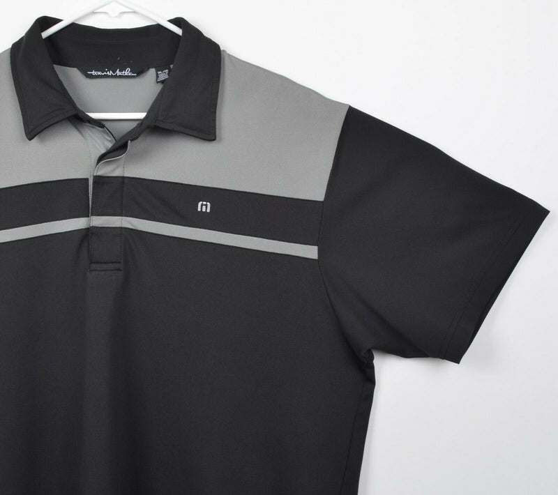 Travis Mathew Men's Sz XL Black Gray Striped Polyester Logo Golf Polo Shirt