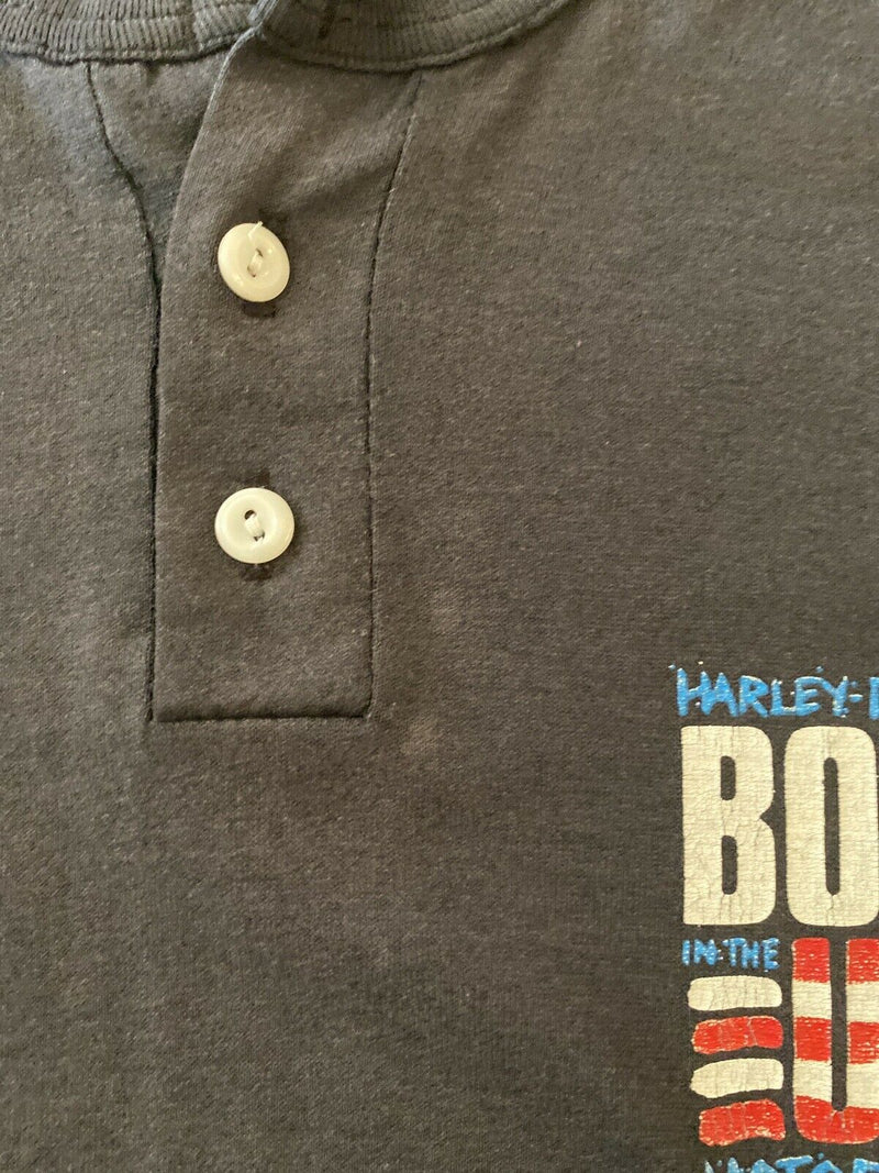 Vtg 1986 Harley-Davidson Men's Sz Large Born in USA Flag Henley Collar T-Shirt