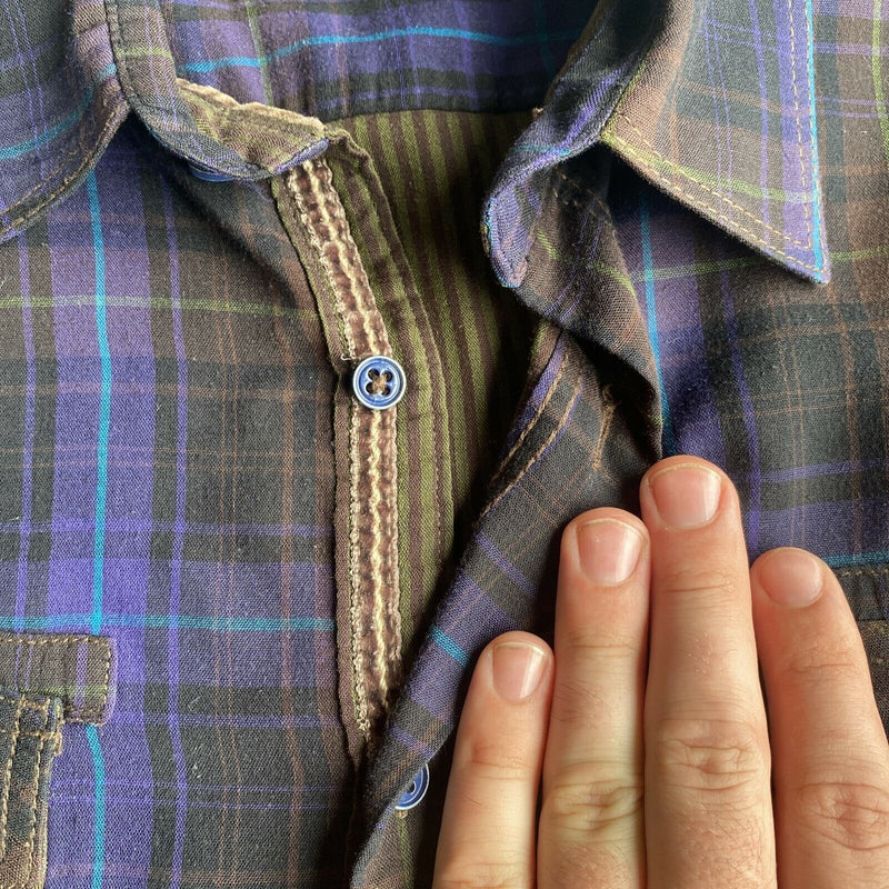 Bugatchi Men's 2XL Shaped Fit Brown Purple Plaid Flip Cuff Button-Front Shirt