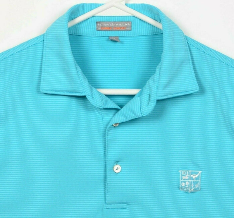 Peter Millar Summer Comfort Men's Medium Aqua Blue Striped Wicking Golf Shirt