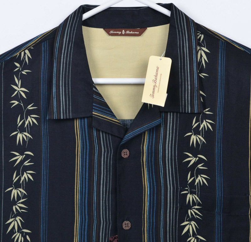 Tommy Bahama Men's XL Silk Linen Download Stripe Black Hawaiian Camp Shirt