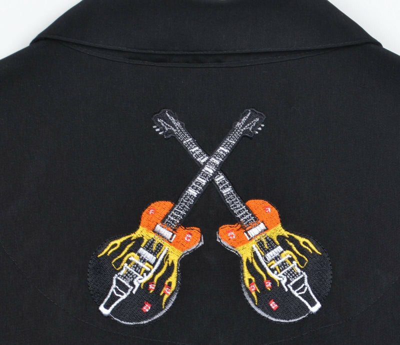 Rock House Men's 2XL Flames Guitar Dice Embroidered Black Polyester Camp Shirt