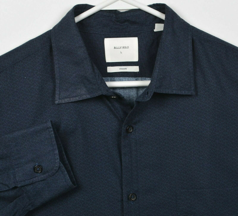 Billy Reid Men's Large Standard Cut Navy Blue Geometric Button-Front Shirt