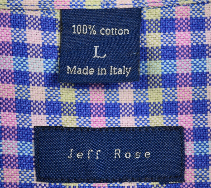 Jeff Rose Men's Sz Large Pink Blue Plaid Check Made in Italy Button-Down Shirt