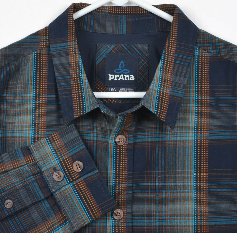 Prana Men's Sz Large Organic Cotton Poly Blend Navy Blue Plaid Long Sleeve Shirt