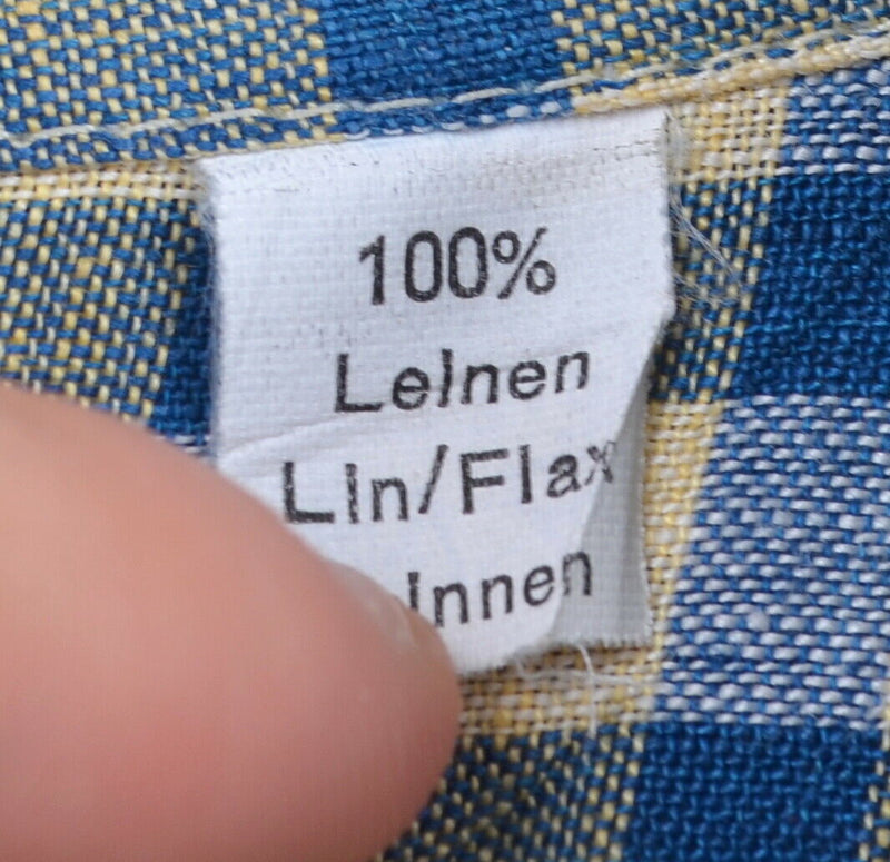 Haupt Germany Men's Sz 2XL 100% Linen Yellow Blue Plaid Check Short Sleeve Shirt