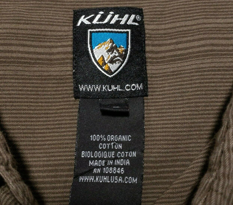 Kuhl Mens Short Sleeve Shirt XL Brown Panel Stripe Hawaiian Casual Organic
