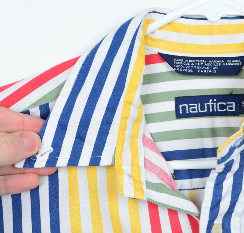 Vtg 90s Nautica Men's Sz Small Colorblock Red Yellow Striped Button-Down Shirt