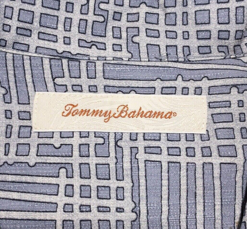 Tommy Bahama Hawaiian Shirt Silk Medium Men's Gray Geometric Aloha Camp