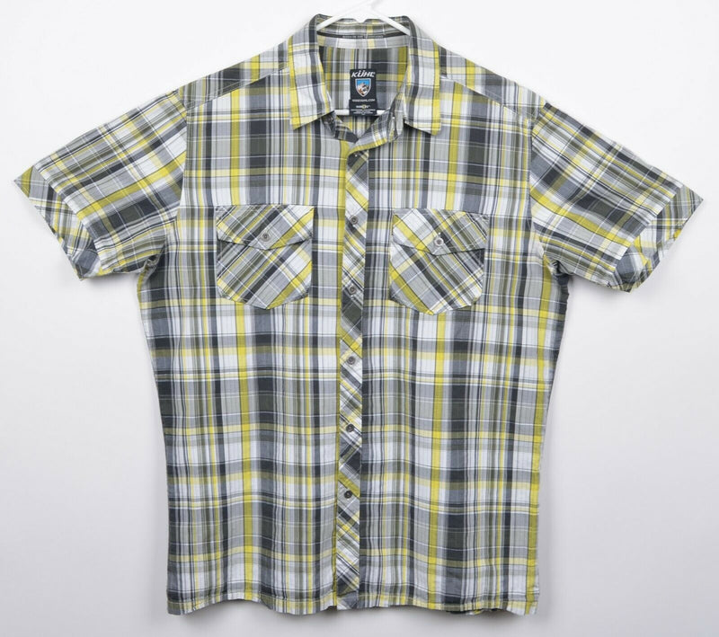 Kuhl Men's Sz Medium Suncel Gray Yellow Plaid Hiking Outdoors Short Sleeve Shirt