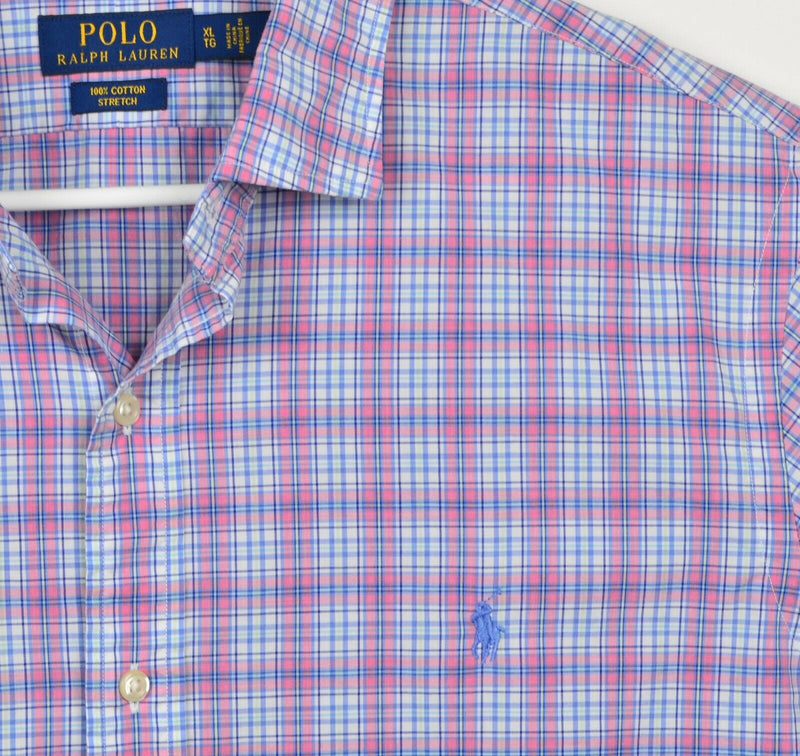 Polo Ralph Lauren Men's Sz XL Stretch Pink Blue Plaid Button-Front Shirt