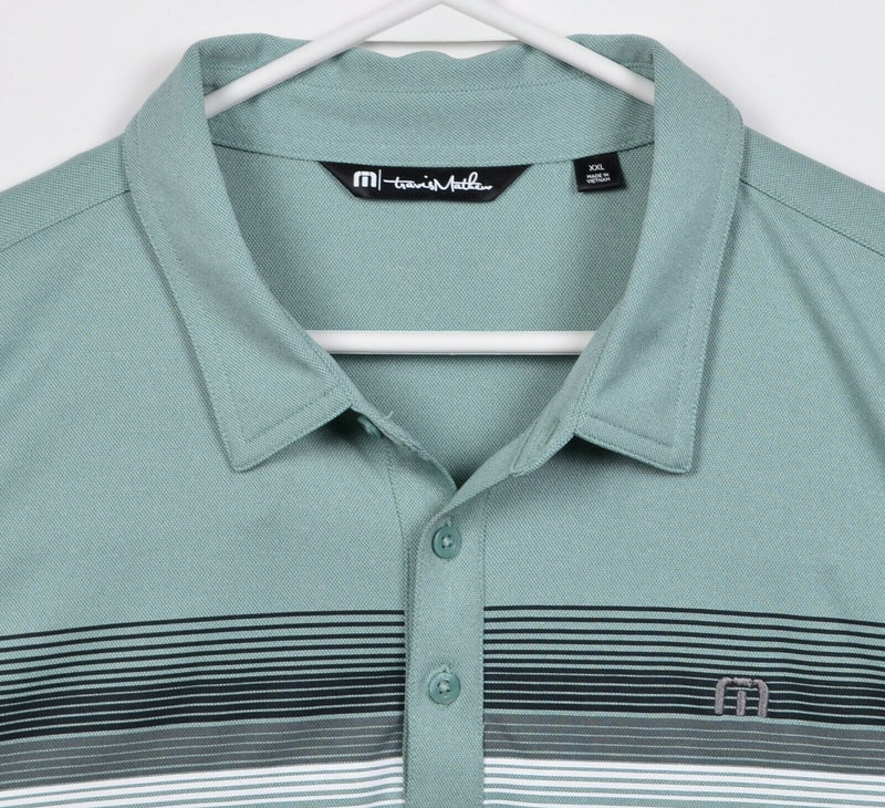 Travis Mathew Men's 2XL Green Striped Logo Polyester Wicking Golf Polo Shirt