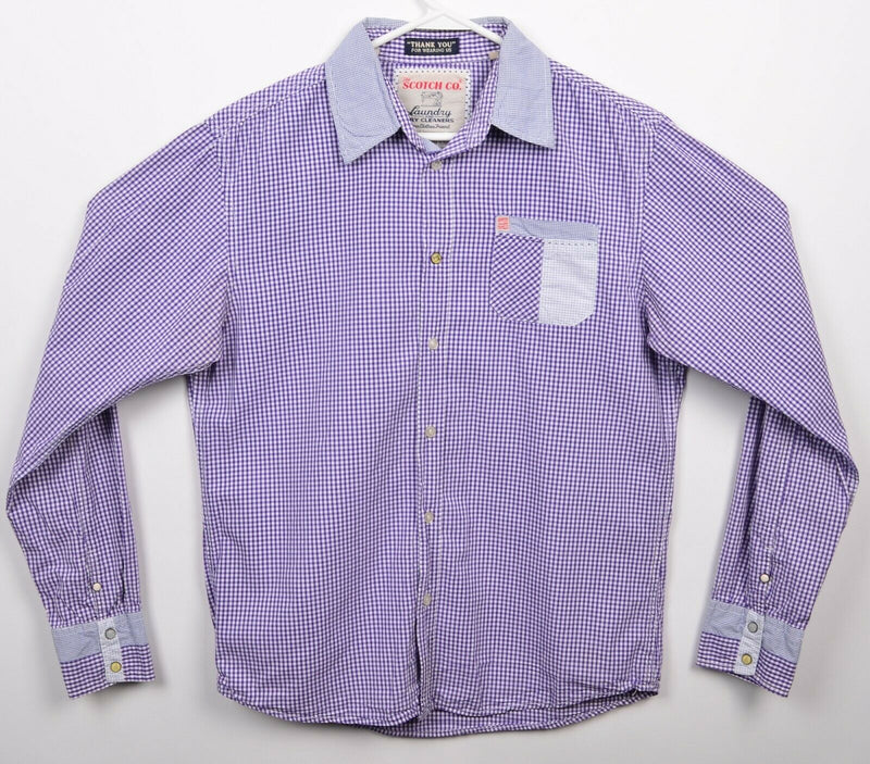 Scotch & Soda Men's Large Purple Check Contrast Trim Snap Button-Front Shirt