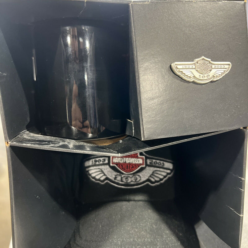 Harley-Davidson 100th Year Anniversary (2003) Hat Mug 2 Pins Box Set