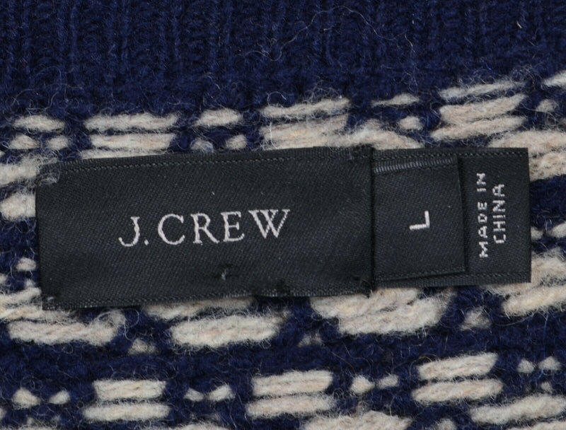 J. Crew Men's Sz Large 100% Lambswool Nordic Fisherman Navy Blue Grid Sweater