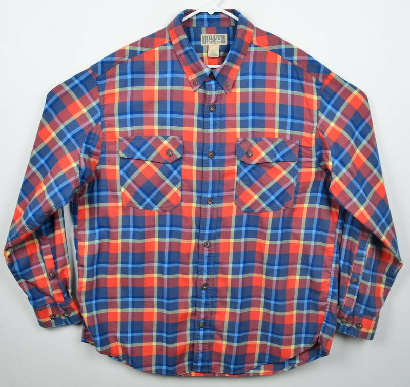Duluth Trading Co Men's XL Cotton Poly Blend Orange Blue Plaid Flannel Shirt