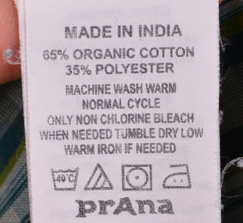Prana Men's Large Slim Fit Pearl Snap Green Plaid Cotton Poly Blend L/S Shirt
