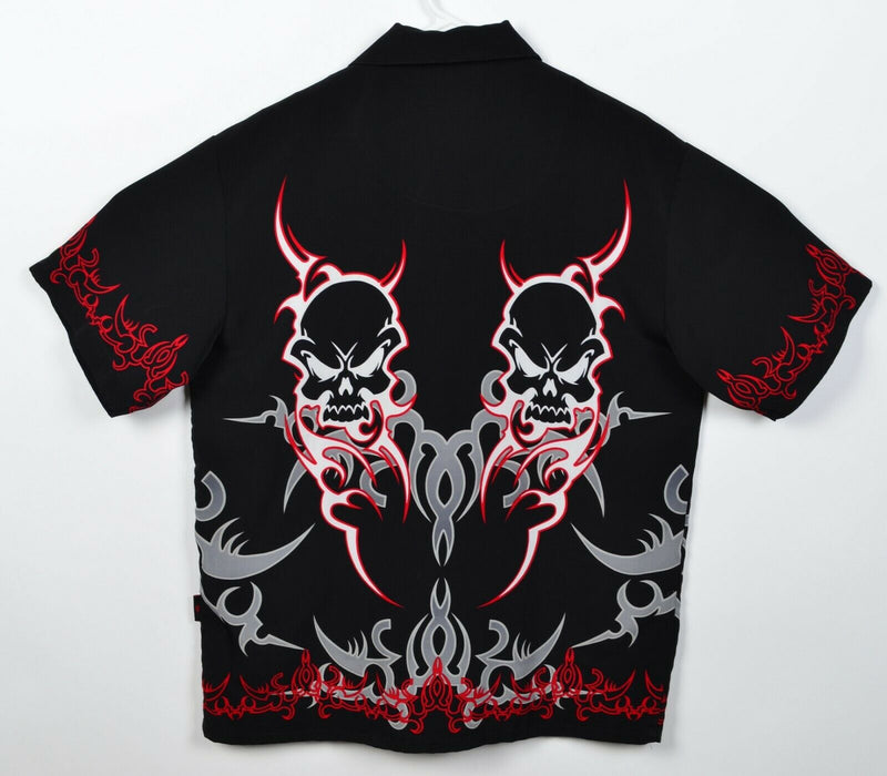 DC Clothing Men's Medium Skull Flames Black Red Tribal Polyester Y2K Camp Shirt