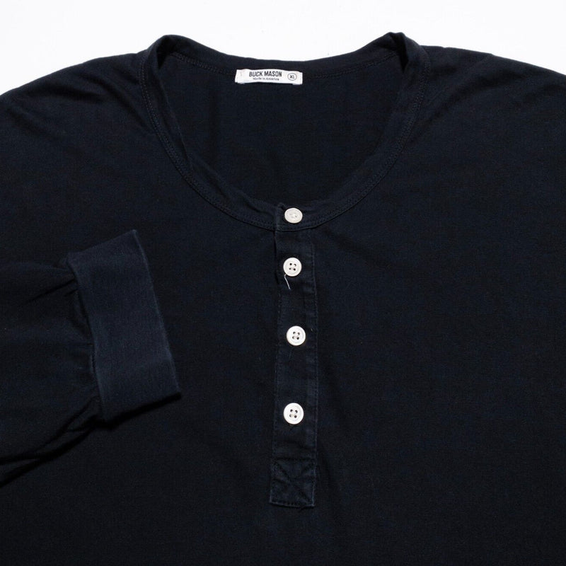 Buck Mason Henley Shirt Men's XL Curved Hem Solid Black 4-Button Long Sleeve