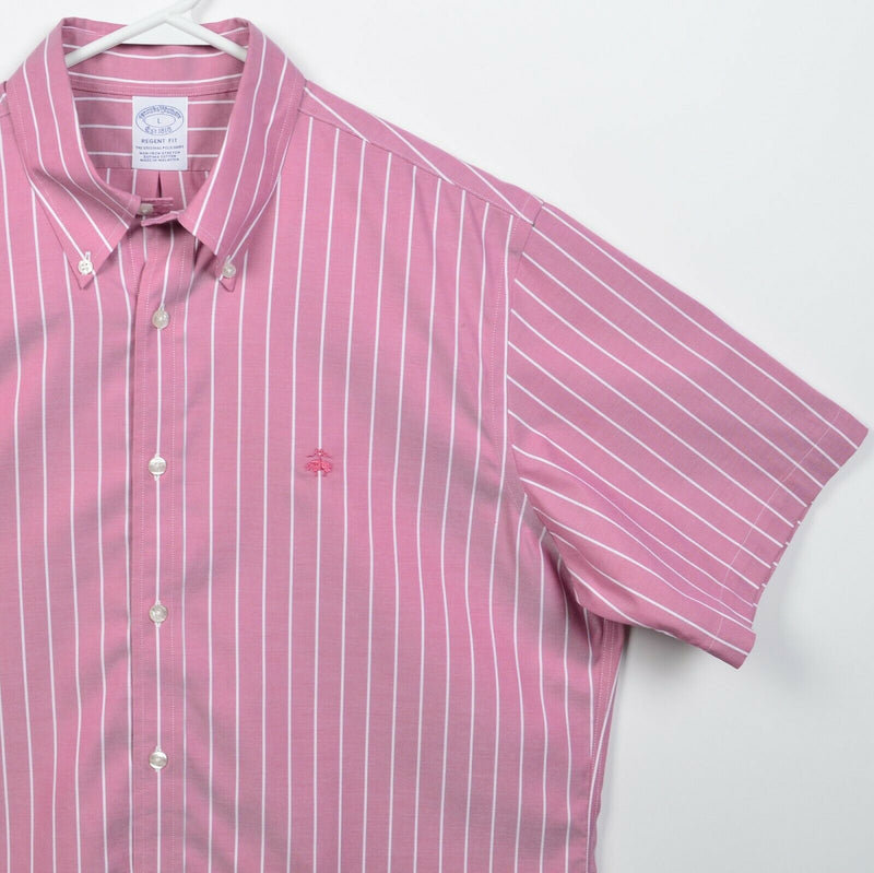 Brooks Brothers Men's Large Regent Fit Non-Iron Stretch Pink Striped Logo Shirt