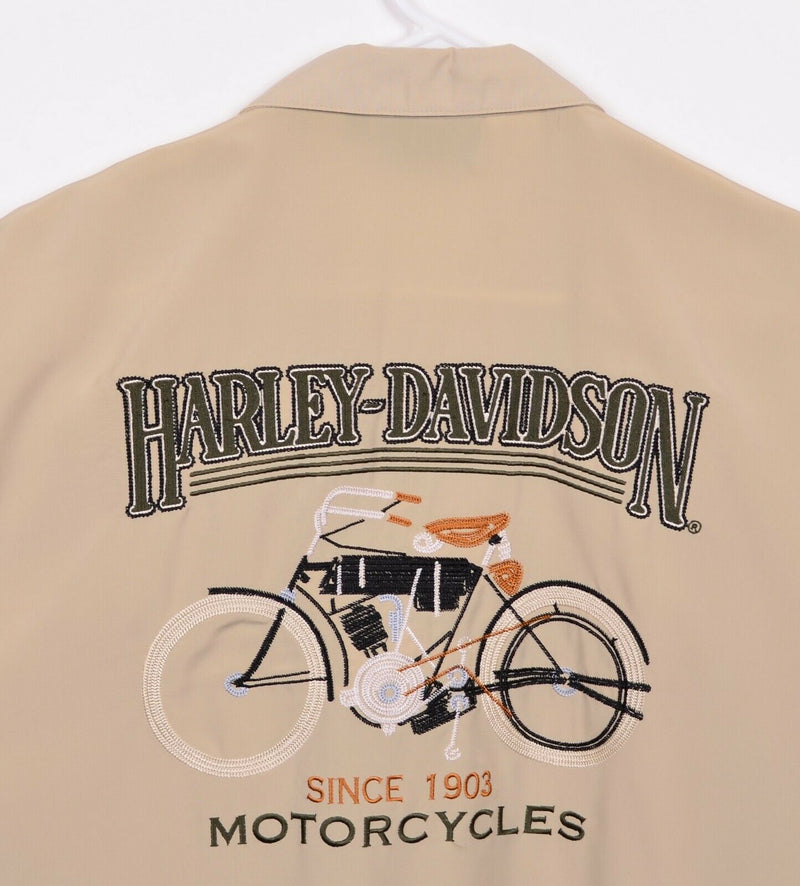 Harley Davidson Men's Large Embroidered Vintage Bike Tan Hawaiian Camp Shirt