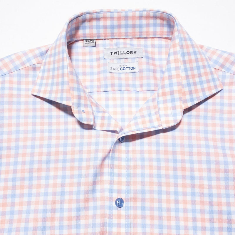 Twillory Dress Shirt Men's 16-32/33 Pink Blue Check Non-Iron Safe Cotton