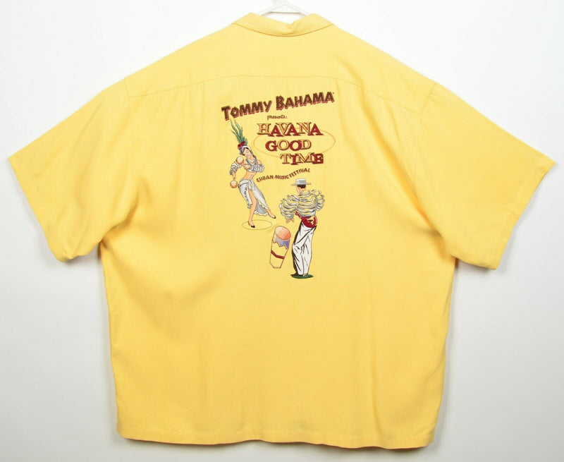 Tommy Bahama Men's 2XL Havana Good Time Silk Yellow Embroidered Hawaiian Shirt