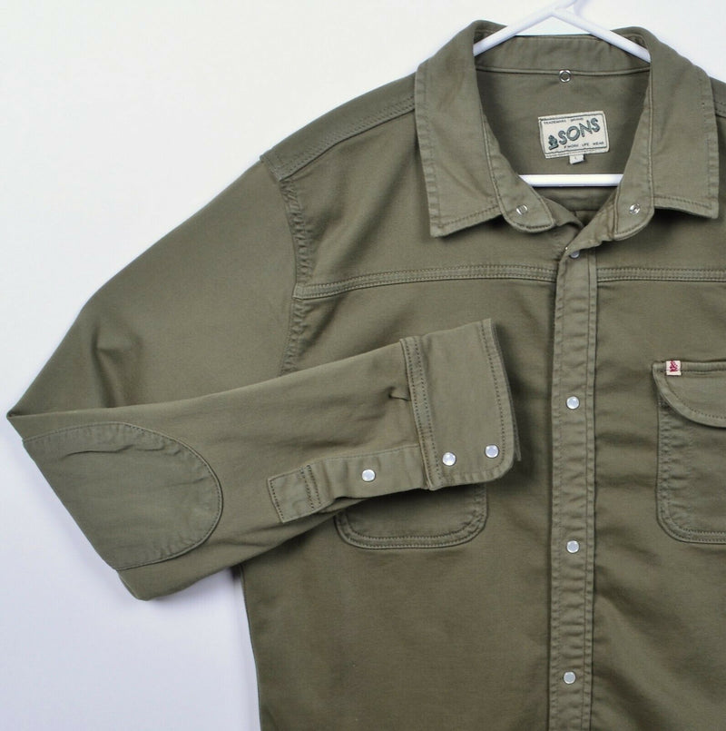 &SONS Men's Large Pearl Snap Sunday Shirt Army Green Soft Cotton Blend Shirt