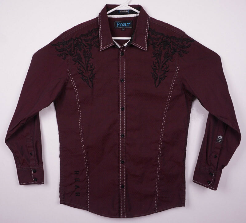 Roar Signature Men's Large Burgundy Tribal Embroidered Button-Front Shirt
