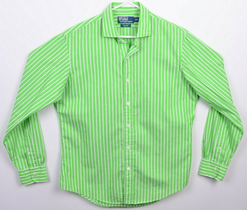 Polo Ralph Lauren Men's Medium Lime Green Striped Cotton Linen Blend Shirt