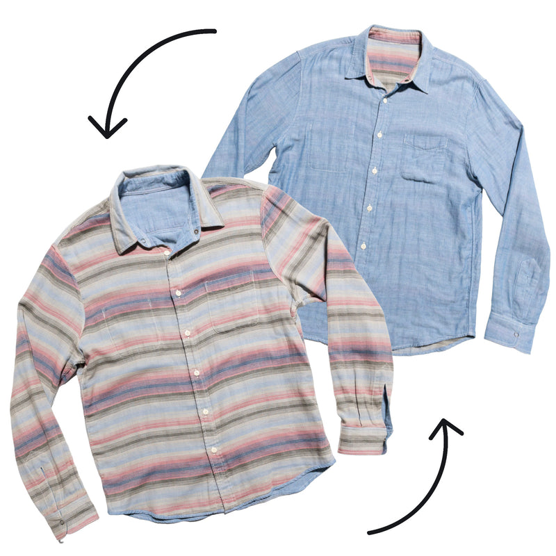 Faherty Reversible Shirt Men's Fits M/L Button-Up Striped Pink Solid Blue