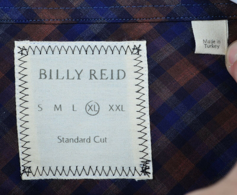 Billy Reid Men's XL Standard Cut Navy Blue Brown Plaid Check Button-Front Shirt