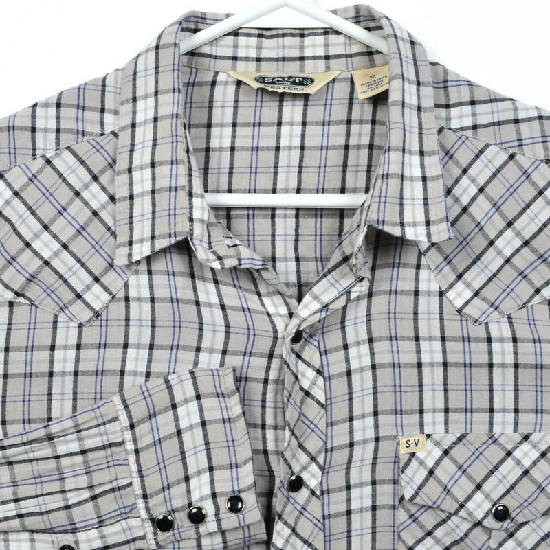 Salt Valley Western Men's Medium Pearl Snap Gray Plaid Western Rockabilly Shirt